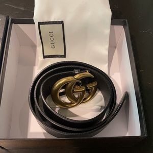 Leather Gucci Belt with Double G Buckle Gold